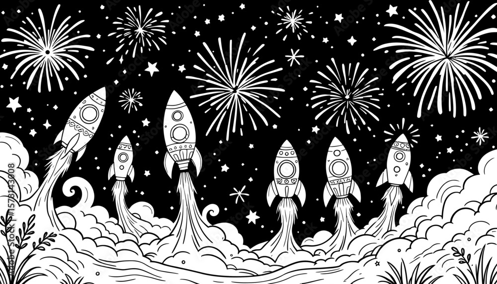 Poster a dynamic vector illustration of rockets launching into a starry night sky with vibrant fireworks ex