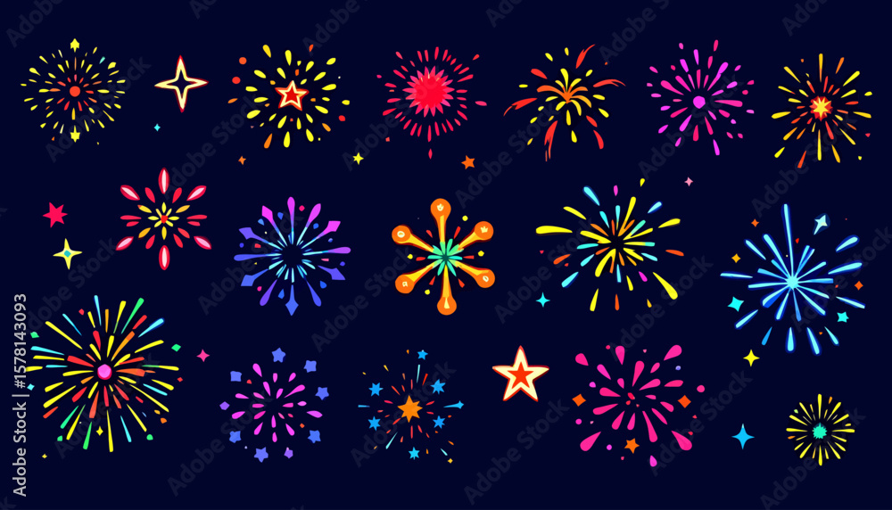 Poster a vibrant collection of colorful vector fireworks illustrations, perfect for festive celebrations an