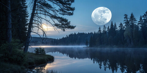 "mystical moonlight reflecting on a calm lake, surrounded by pine trees, cinematic look"
