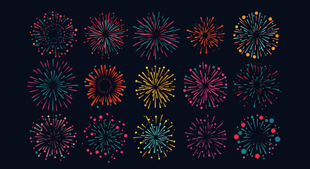 A vibrant vector illustration showcases a collection of colorful fireworks explosions, perfect for celebrations, events, and festive designs against a deep, dark background.