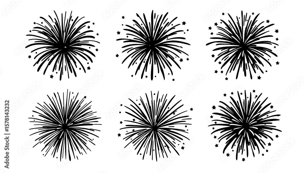 Poster a set of six vector fireworks illustrations in png format, perfect for adding a festive touch to des