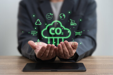 Carbon-neutral Net-zero greenhouse gas emissions target concept,Businessman sets target of carbon reduction by 2050, Environmental conservation campaign,Climate neutral long term,EGS, Renewable energy