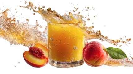 Glass of peach juice with splash and fruit garnish, isolated on tranparent background 