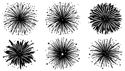 A collection of six distinct hand-drawn vector illustrations of explosive fireworks bursts, perfect for graphic design elements celebrating holidays, events, or festive occasions.