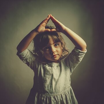 cute little girl using hands to form a triangle above head artistic pose soft background