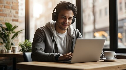 Obraz premium A focused Hispanic man typing on a laptop in a co-working space, wearing headphones, sitting by large window with cityscape view, coffee beside him, soft shadows and morning sunlight, casual