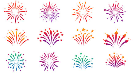 A vibrant collection of colorful fireworks explosions in various designs, perfect for celebratory events, festive occasions, and adding a touch of excitement to any design project, available as a