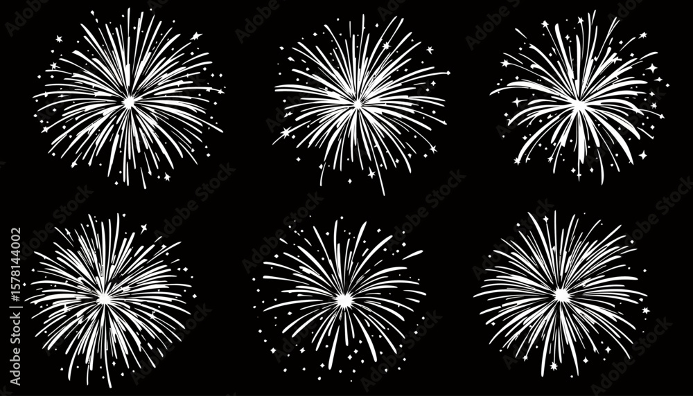 Poster a collection of six vector-based firework designs in png format, ideal for overlays, celebrations, a