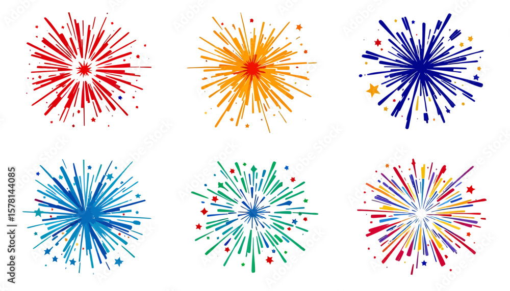 Poster a vibrant vector illustration showcases a collection of colorful fireworks exploding with dynamic en