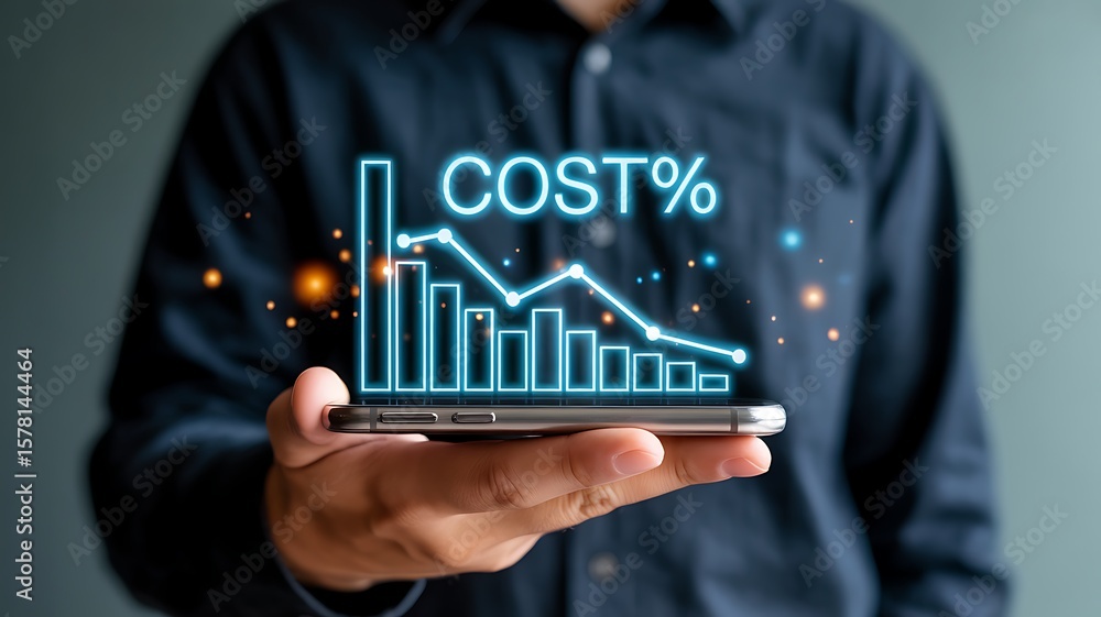 Poster hand holding smartphone displaying descending cost graph technology chart