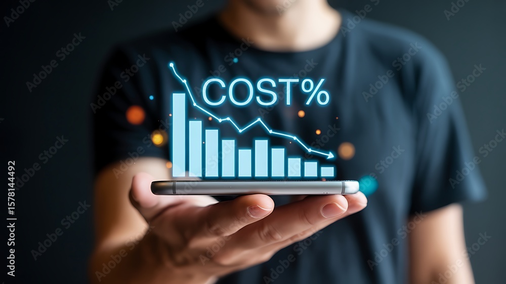 Poster hand holding smartphone displaying descending cost graph technology data