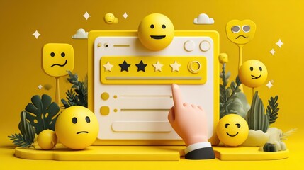 Hand rating interface with emojis on yellow platform