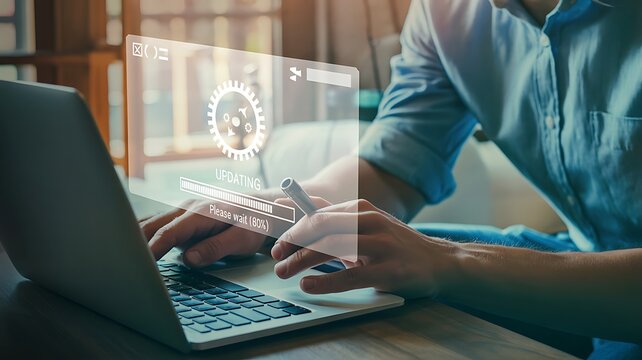Person typing on laptop with digital update progress bar technology