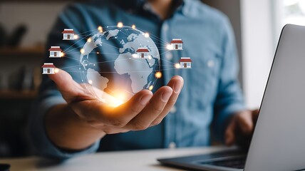 Hand holding holographic globe with franchise locations business