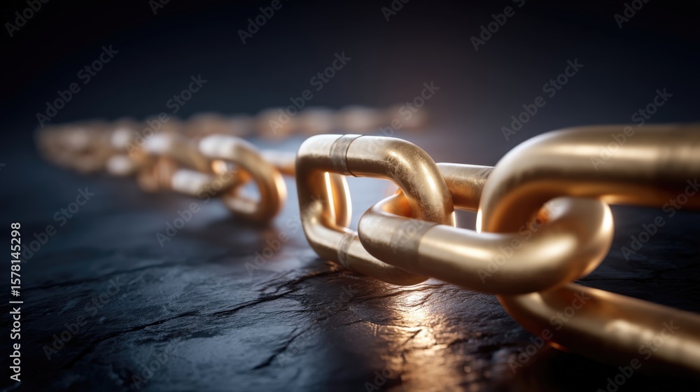 Poster close-up of a shiny metal chain link resting on a dark textured surface with dramatic lighting highl