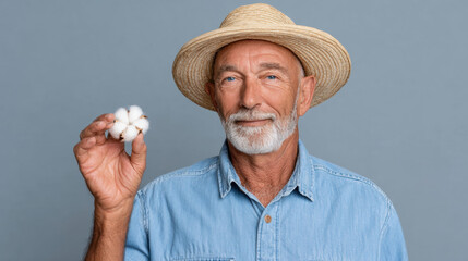 Fototapeta premium Cotton farm, Portrait of an elderly farmer holding a cotton boll in a field.