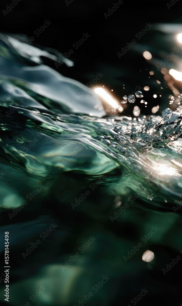 Poster close-up of water splashing with sunlight reflections creating dynamic movement and shimme effects i
