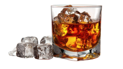 Glass of whiskey with ice cubes in elegant drink setup, isolated on tranparent background 