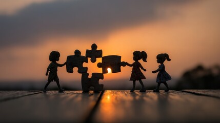 Children completing puzzle sunset silhouette