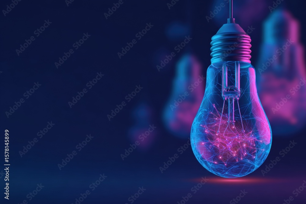 Poster vibrant futuristic neon illuminated light bulb glowing with digital network patterns on dark backgro