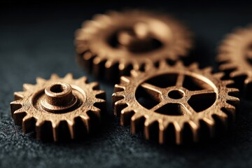 Close-up of interconnected metallic gears with detailed teeth and central holes, representing machinery, enginee, and mechanical movement