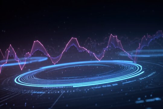 Futuristic Digital Data Visualization with Neon Lines Graphs and Circular Digital Elements on Black Background for Technology Concept