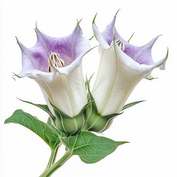datura stramonium thorn apple plant large trumpetshaped white or purple flowers with spiny seed pods isolated on white transparent background