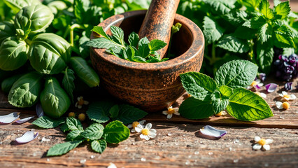 A rustic mortar and pestle filled with fresh mint surrounded by basil and small white flowers on wood