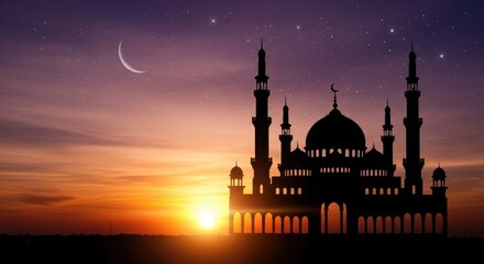 Beautiful Silhouette Mosque at Sunset with Crescent Moon and Stars