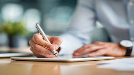 Person writing on digital tablet