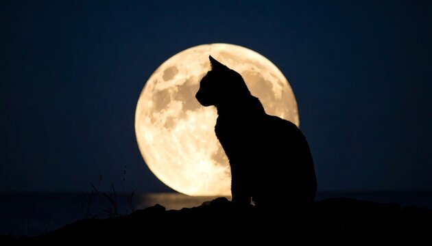 Cat silhouette by moonlit ocean