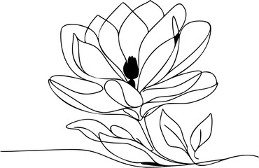 Single continuous line illustration of a magnolia flower in bloom, clean and modern aesthetic.
