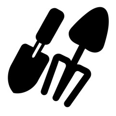 Silhouette image of a trowel and hand fork garden tools, top view