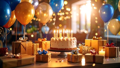 Festive birthday celebration with cake, balloons, and gifts