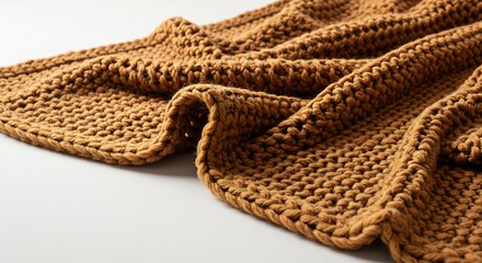 Fototapeta premium 暖色系 手編み風 厚手ニットブランケット 柔らかな光で撮影. AI Generated