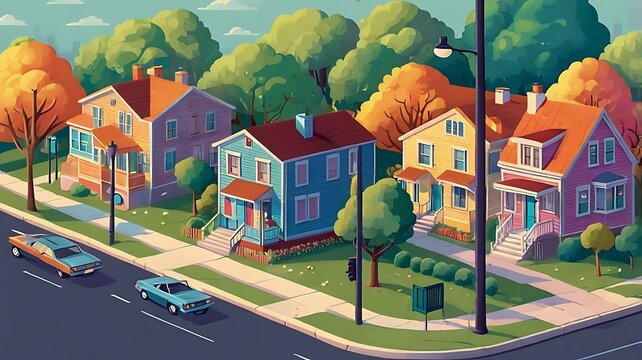 Autumn village and city houses in a scenic landscape with trees and old architecture