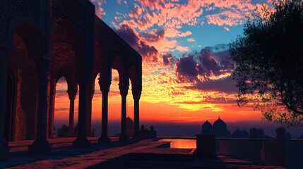 Naklejka premium Ancient arches, sunset hues, dramatic sky