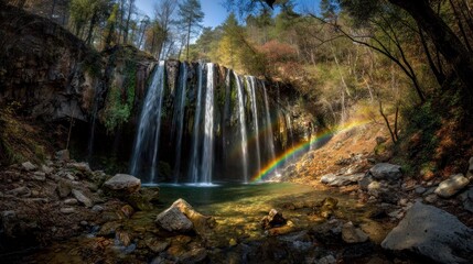 Fototapeta premium Rainbow waterfall in lush forest