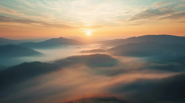 Aerial drone shot of misty mountains at sunrise, cinematic landscape with warm orange tones, peaceful and majestic mood, slow pan, ultra-HD
