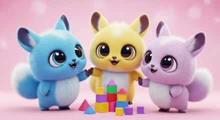 Obraz premium Adorable fluffy baby animals playing with colorful building blocks on a soft pink background showing friendship and fun learning adventures