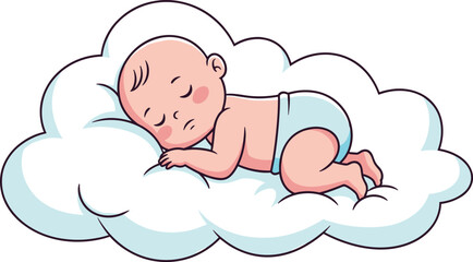 PrintNewborn baby sleeping on soft cloud, peaceful infant rest illustration, cute cartoon baby in diaper, dreamy sky background, adorable art