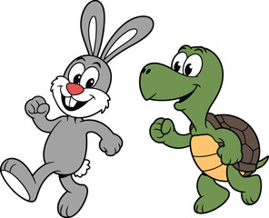 PrintCute cartoon rabbit and turtle running happily, children illustration, animal race, funny characters, friendship, story art, happy drawing, fun