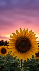 Obraz premium Sunflower field at sunset with vibrant colors and sky