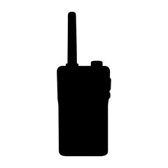 Monochrome walkie talkie radio silhouette with antenna and buttons on white background
