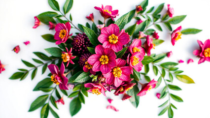 Floral arrangement featuring pink flowers with yellow centers and green leaves on white background