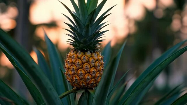 Close-up of a vibrant pineapple on a plant with a blurred sunset in the background