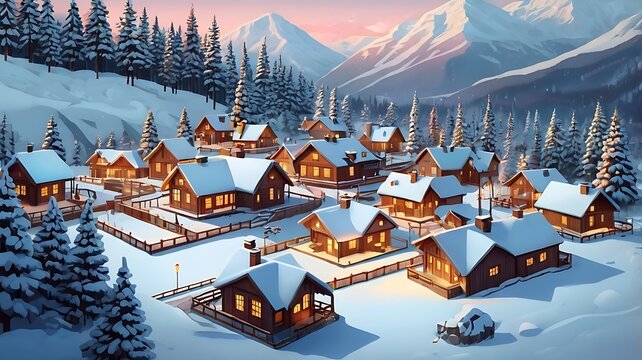 Winter village nestled in the snowy mountains with alpine houses and scenic landscape