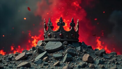 Shattered Kingdom A Furious Red Crown Amidst Ruin, Symbolizing Tyranny and Power Struggle