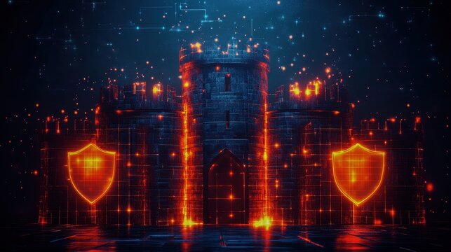 Digital fortress with glowing firewalls and encryption shields, abstract data protection Keyword digital fortress, glowing firewalls, encryption shields, data protection  firewalls and shields