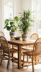 Obraz premium Bright tropical-inspired dining room with natural textures and indoor greenery.